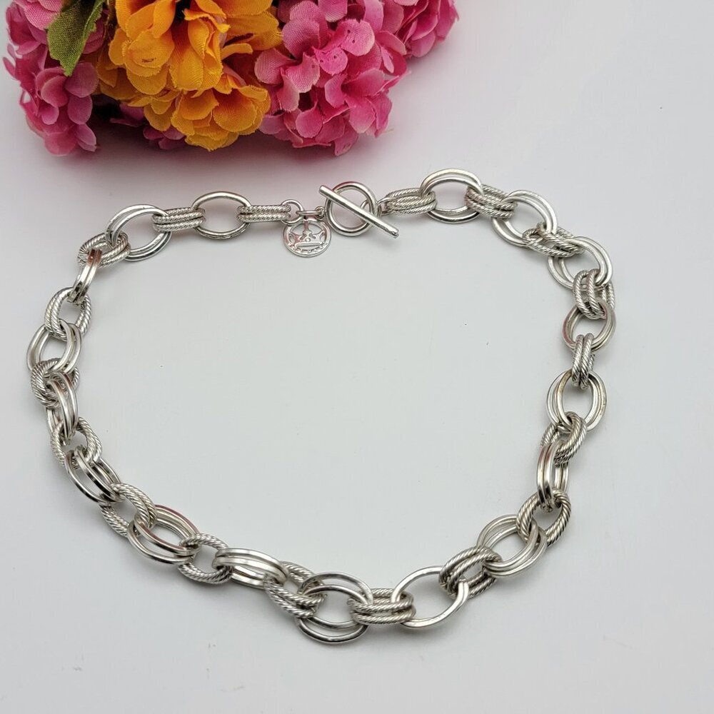 Crown Trifari Statement Choker Necklace Silver Tone Double Link Toggle